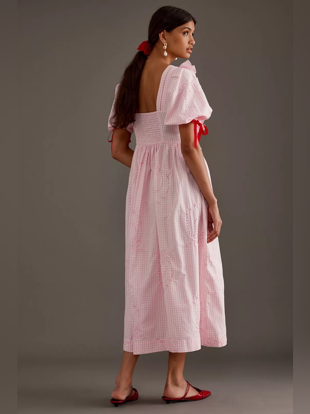 Damson Madder Rhea Puff-Sleeve Midi Dress Pink Gingham Sz US 10 - Picture 4 of 16